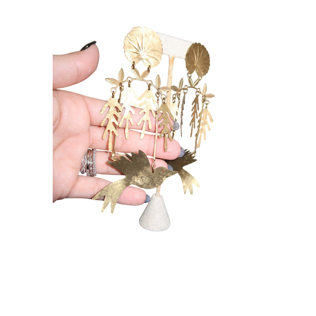 We Dream in Colour Bird's Eden Brass Bird Dangle Statement Earrings Gold Tone OS