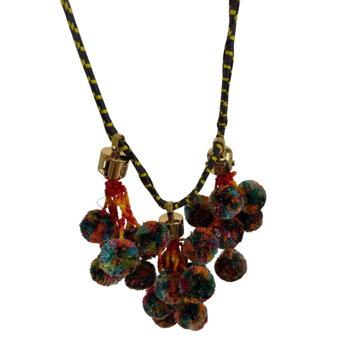 Tory Burch Multicolor Pom Pom Collar Statement Necklace Gold Ton