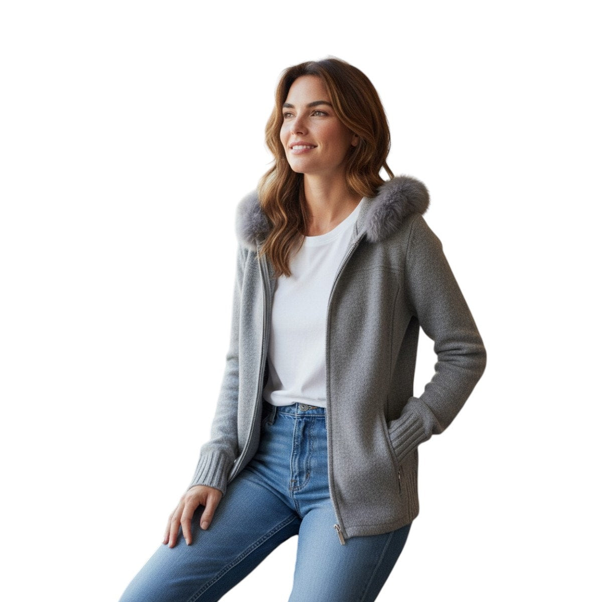 Neiman Marcus Fox Fur Cashmere Full Zip Hoodie Jacket