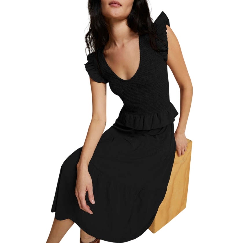 Nation LTD Black Cotton Fabienne Fused Ruffle Accent Midi Dress Women's