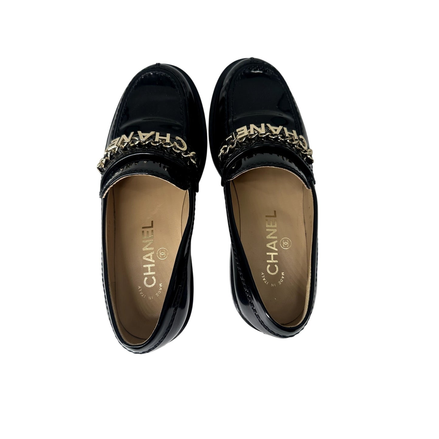 Chanel Patent Leather Logo Chain Flat Loafers