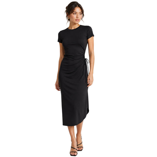 Theory Jilaena Ribbed Viscose Side Ruched Shirt Midi Dress