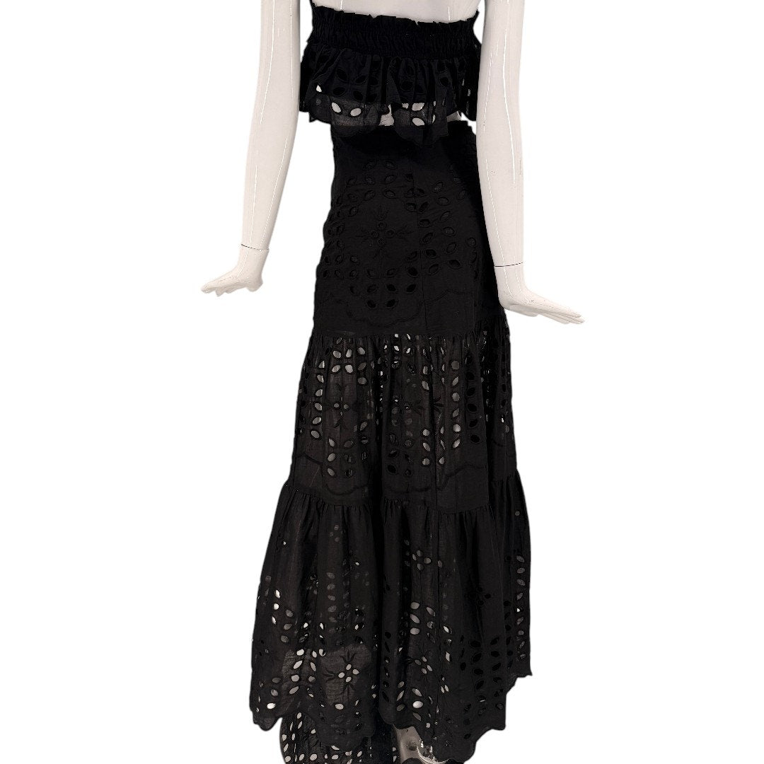 Luxxel Palm Chains Eyelet Embroidered Two Piece Maxi Skirt Set Black Women's S