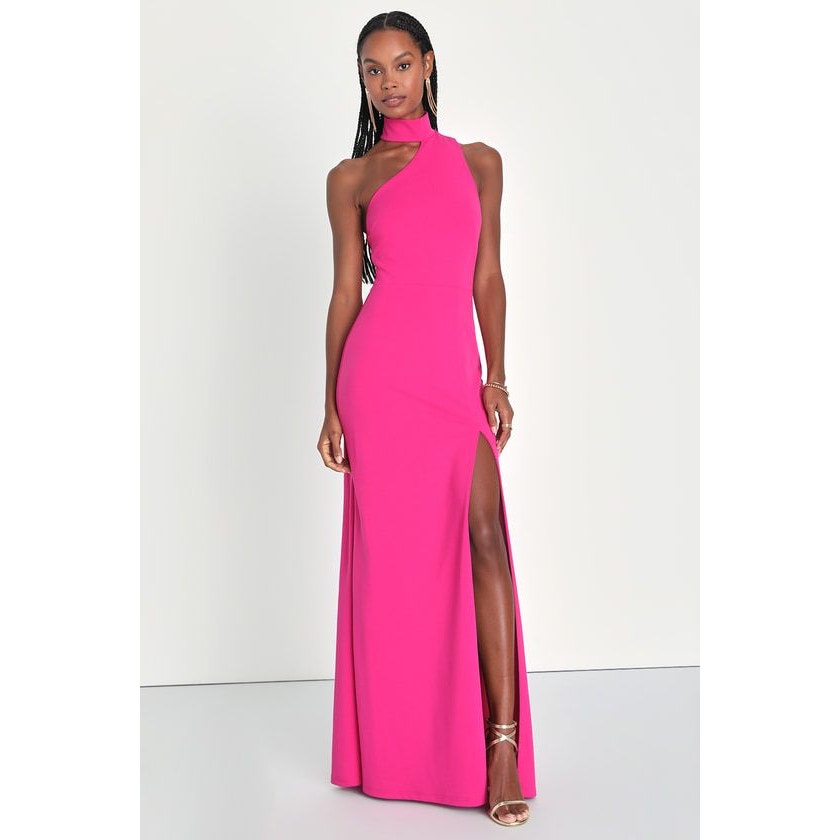 Lulus Keep It Interesting Asymmetrical Cutout Halter Maxi Dress Hot Pink