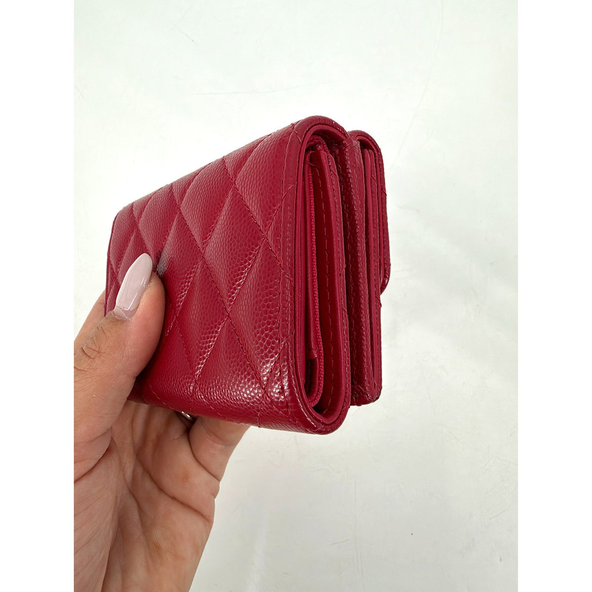 Chanel Red Caviar Quilted Compact Flap Wallet Crystal CC Gold Hardware