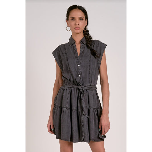 Elan Denim Chambray Collared Mini Shirt Dress