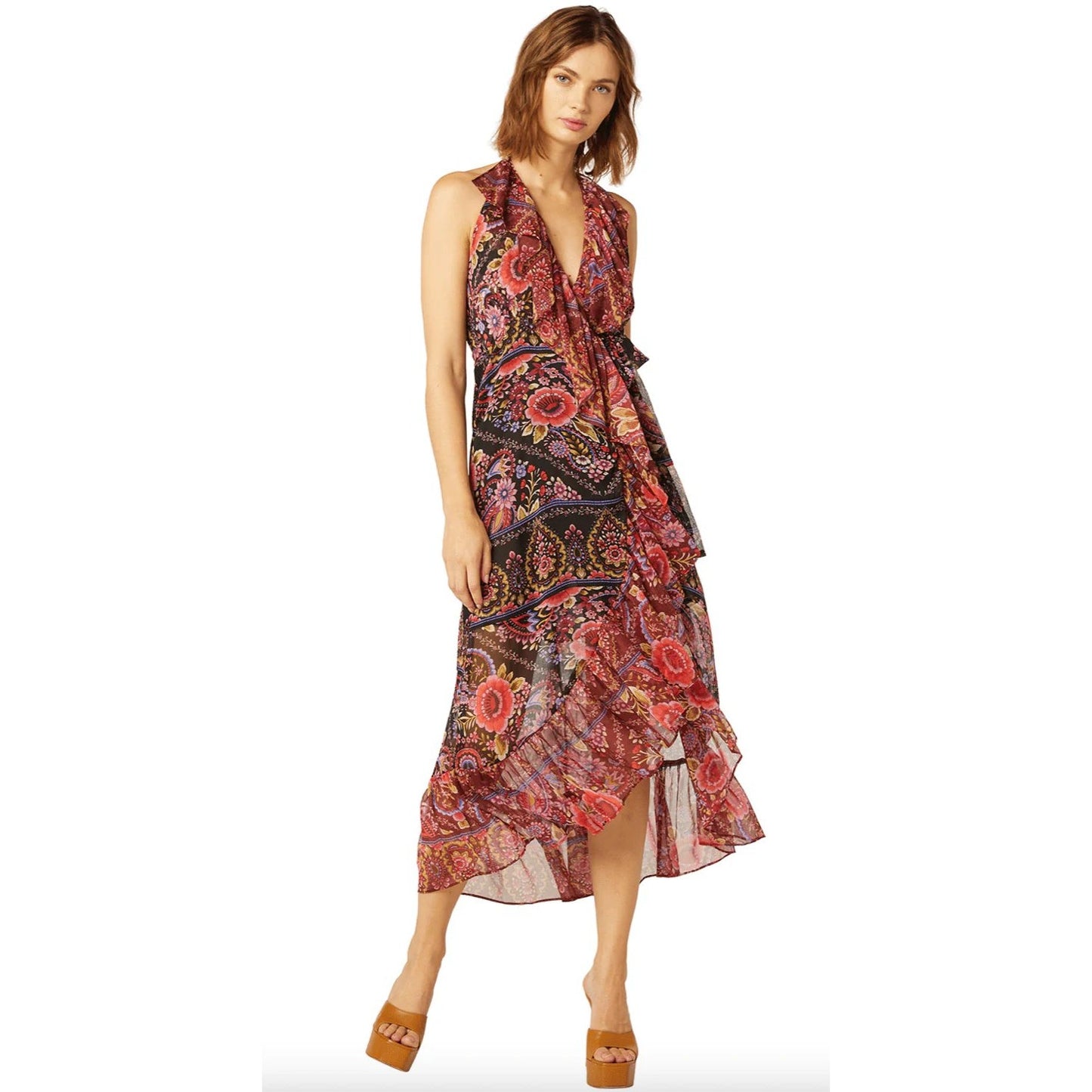 Misa Los Angeles Cotton Paisley Print Ruffle Melany Wrap Midi Dress