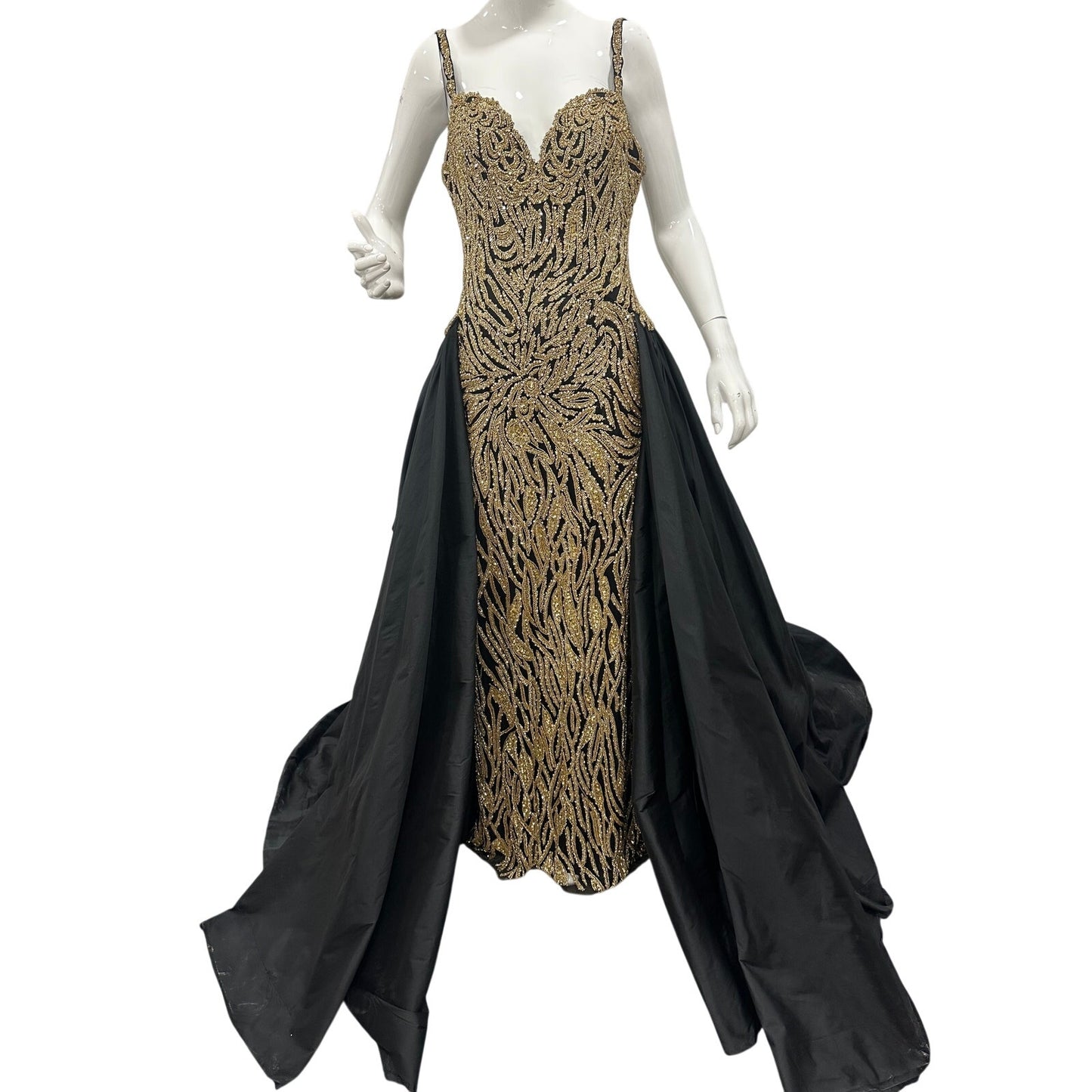 NWT Sherri Hill Black Gold Beaded Fitted Ball Gown Overskirt Formal Dress