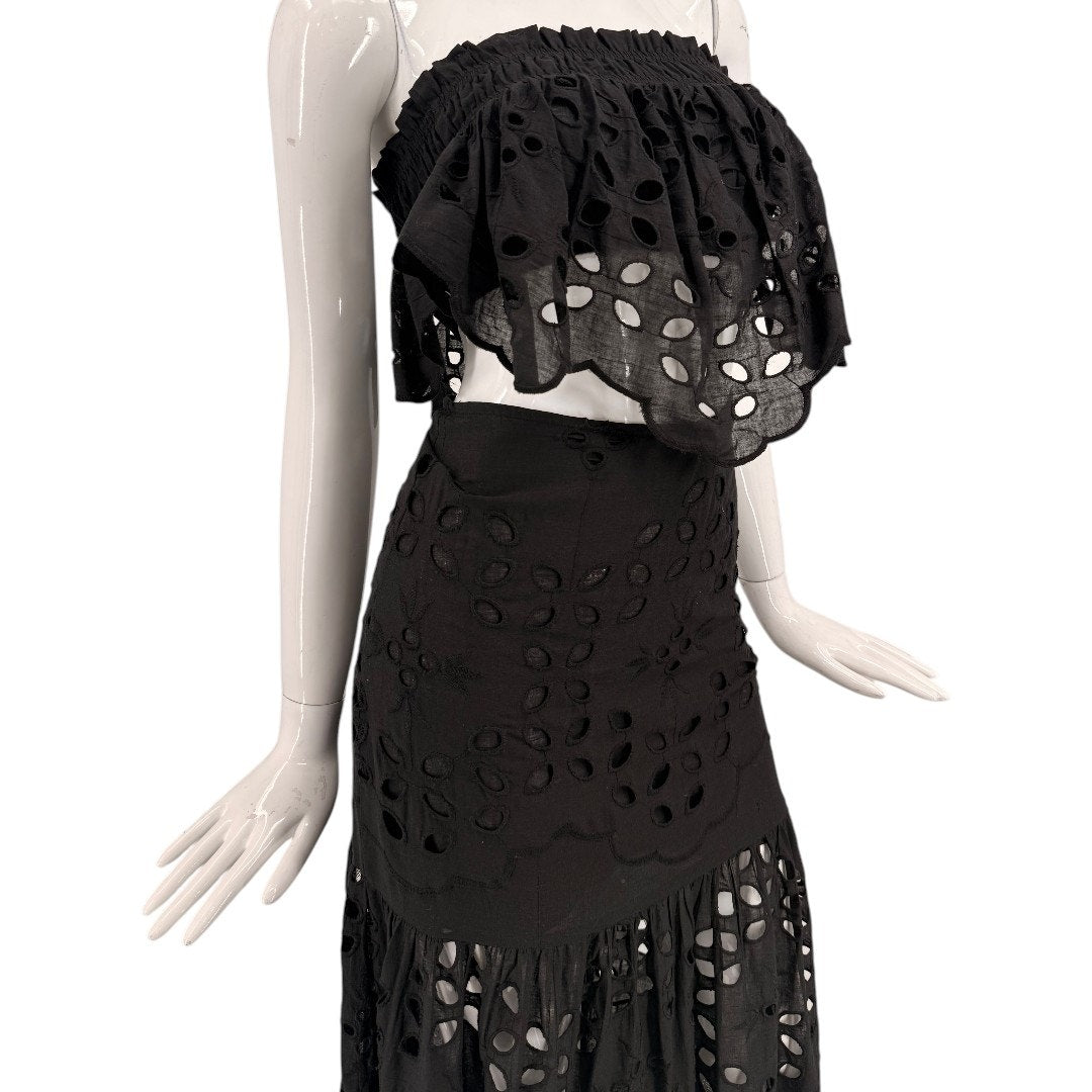 Luxxel Palm Chains Eyelet Embroidered Two Piece Maxi Skirt Set Black Women's S