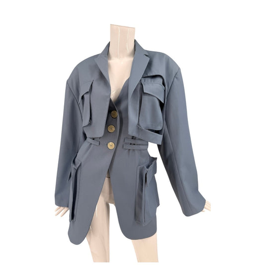 Studio Patchwerk Collared Button Front Belted Blazer