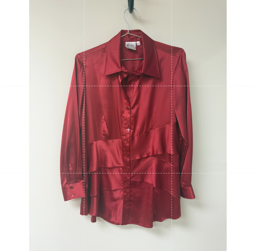 Finley Jenna Satin Ruffle Accent Long Sleeve Button Up Blouse Red Women's Size L