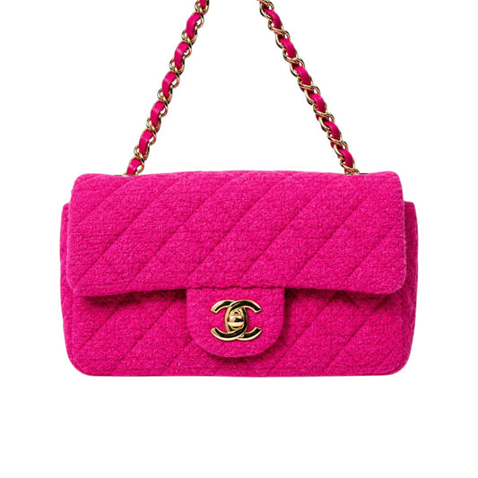 Chanel Tweed Quilted Interlocking CC Logo Mini Flap Bag Fuschia