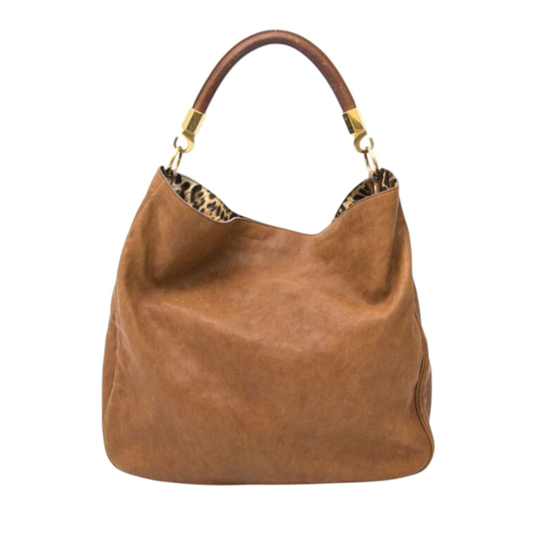 YSL Yves Saint Laurent Large Roady Hobo Bag Cognac Leather Leopard Lining