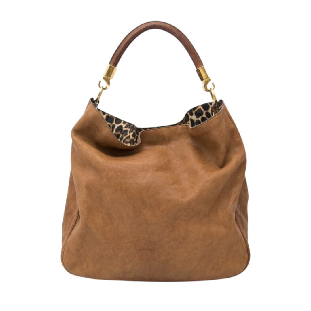 YSL Yves Saint Laurent Large Roady Hobo Bag Cognac Leather Leopard Lining