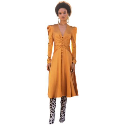 Jonathan Simkhai Satin V-Neck Long Sleeve Ruched Midi Dress  Women's