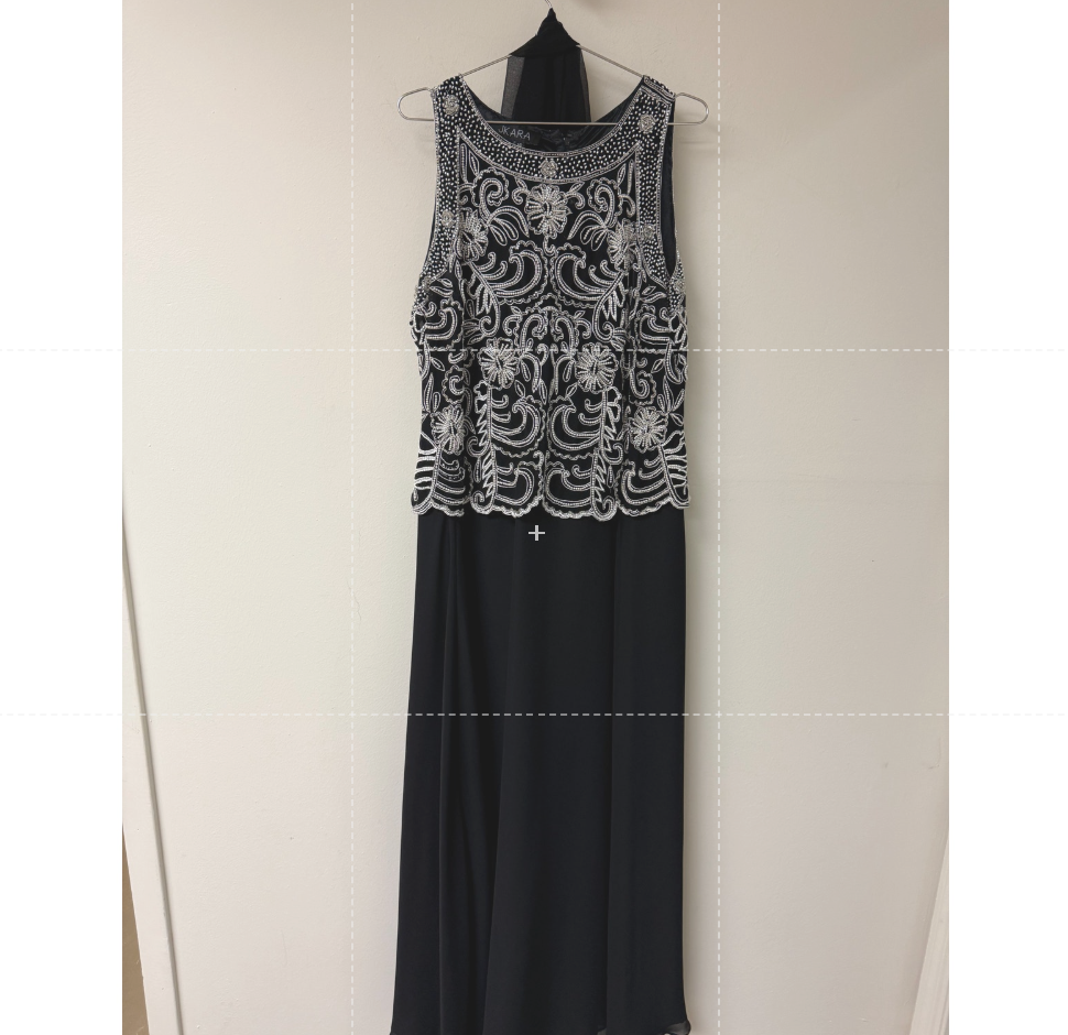 J Kara Scallop Beaded Sleeveless A-Line Maxi Dress w/ Sheer Scarf Black Size 14