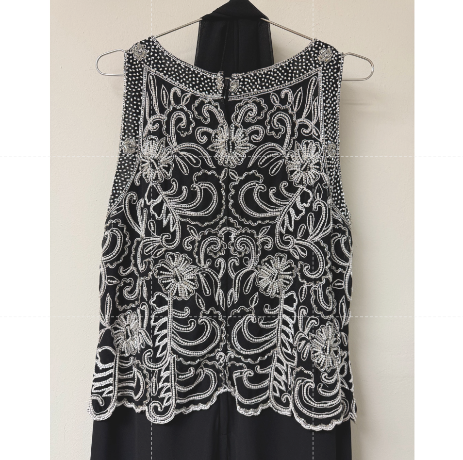 J Kara Scallop Beaded Sleeveless A-Line Maxi Dress w/ Sheer Scarf Black Size 14