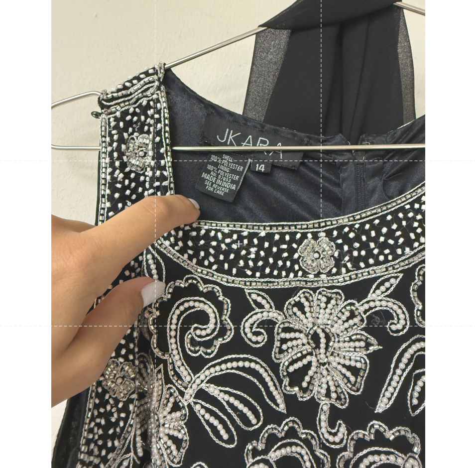 J Kara Scallop Beaded Sleeveless A-Line Maxi Dress w/ Sheer Scarf Black Size 14