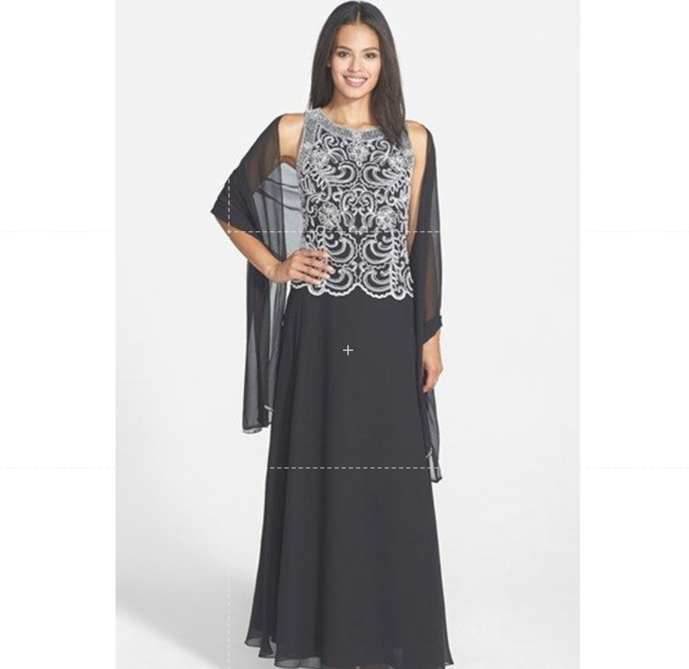 J Kara Scallop Beaded Sleeveless A-Line Maxi Dress w/ Sheer Scarf Black Size 14
