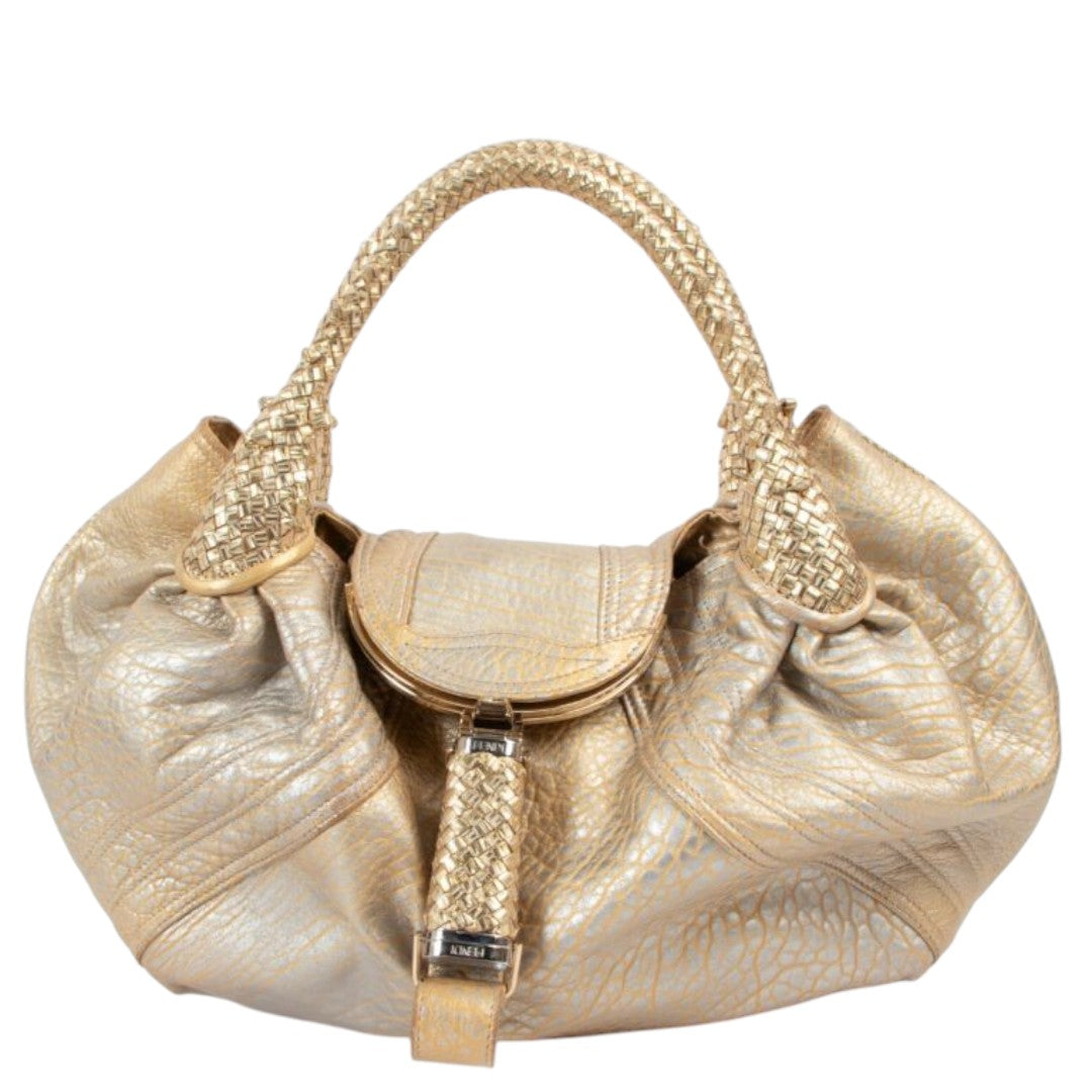 Fendi Metallic Gold Holographic Textured Leather Spy Handbag Woven Handle
