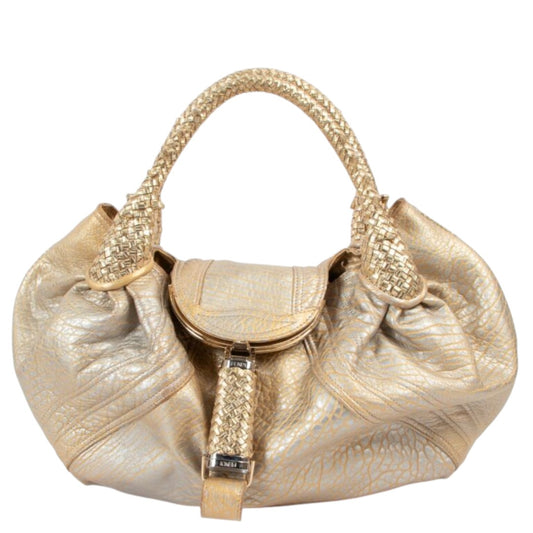 Fendi Metallic Gold Holographic Textured Leather Spy Handbag Woven Handle