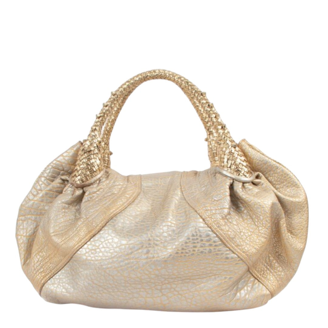 Fendi Metallic Gold Holographic Textured Leather Spy Handbag Woven Handle