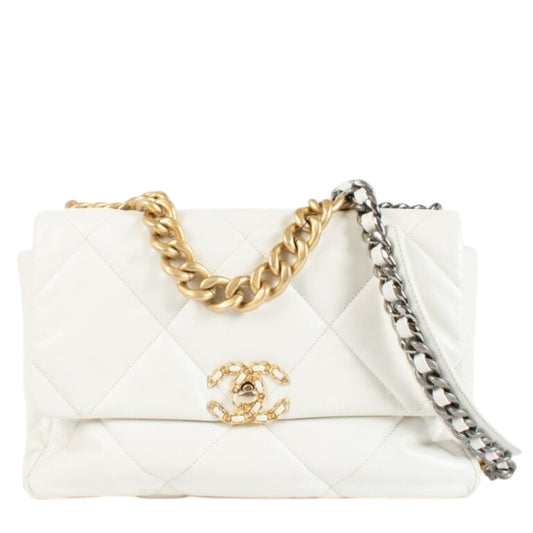 Chanel Leather Quilted CC Logo Chain Strap 19 Flap Crossbody Bag White