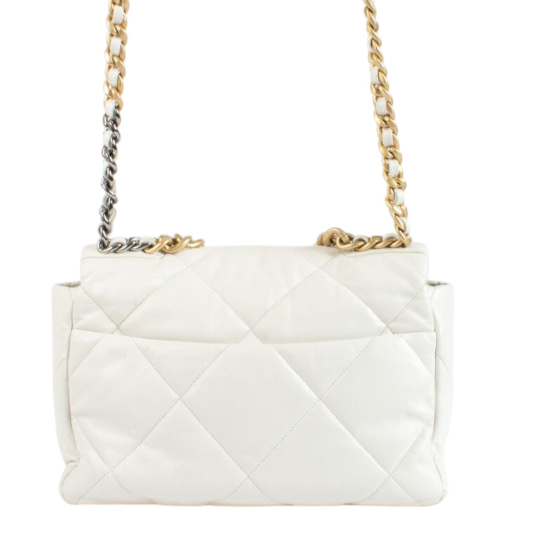 Chanel Leather Quilted CC Logo Chain Strap 19 Flap Crossbody Bag White