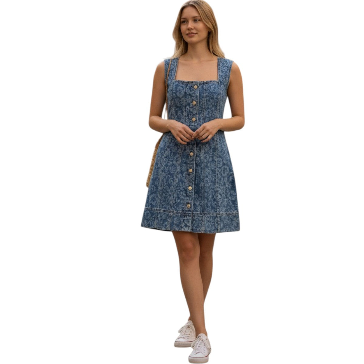 Good American Cotton Blend Denim Floral Sleeveless Mini Dress