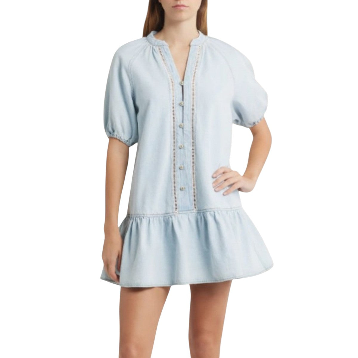 WAYF Cotton Denim Joan Button Front Mini Dress