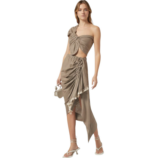 Just Bee Queen Brown Cotton Ruffle Accent High-Low Midi Skirt  Women's