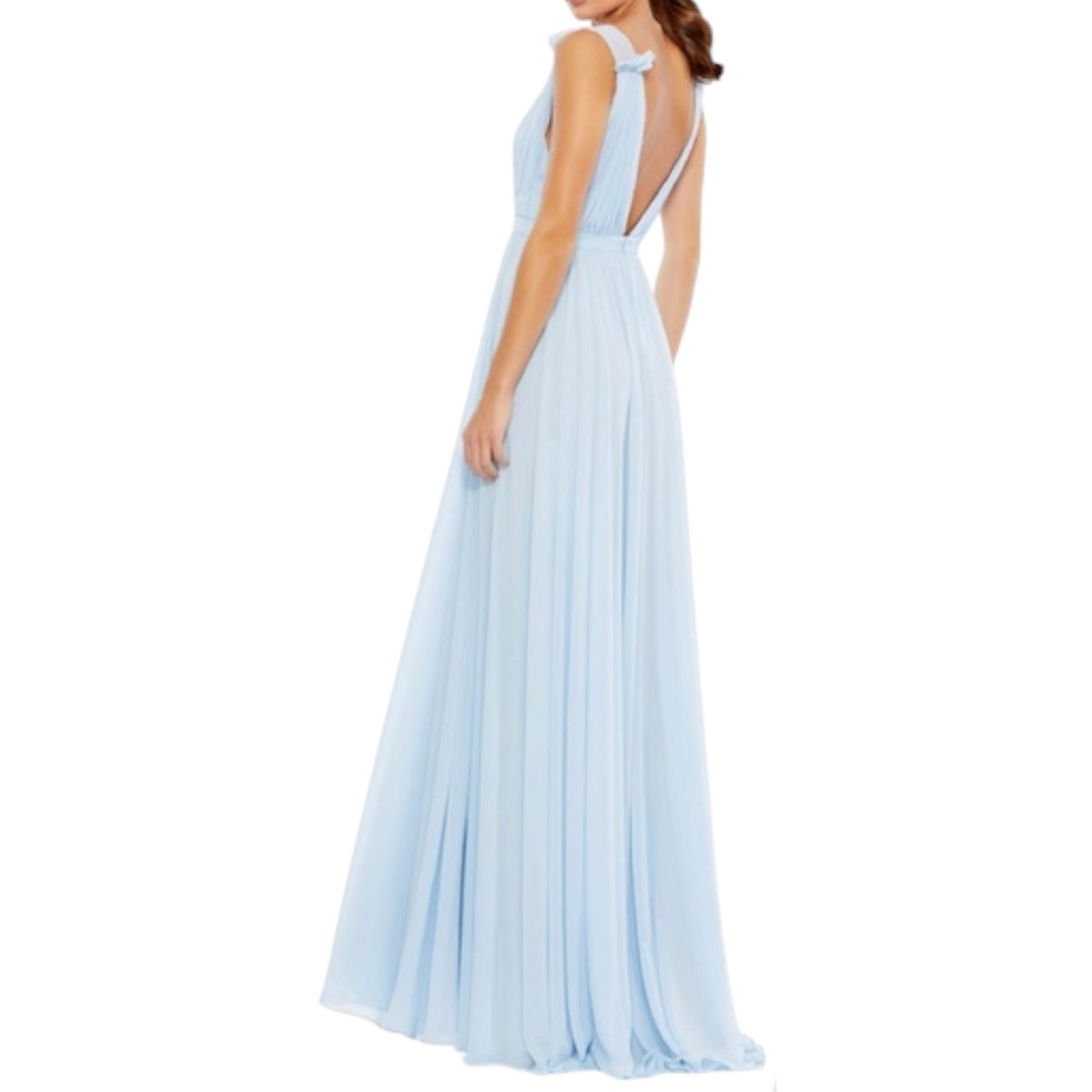 Leena for Mac Duggal Blue Chiffon V-Neck Sleeveless Pleated Maxi Gown