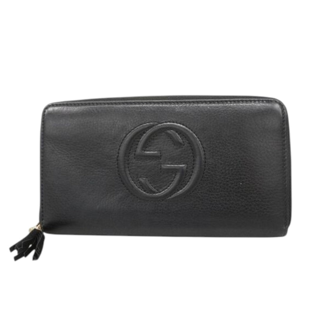 Gucci Soho Leather Embossed Logo Zip-Around with Tassel Long Wallet Black