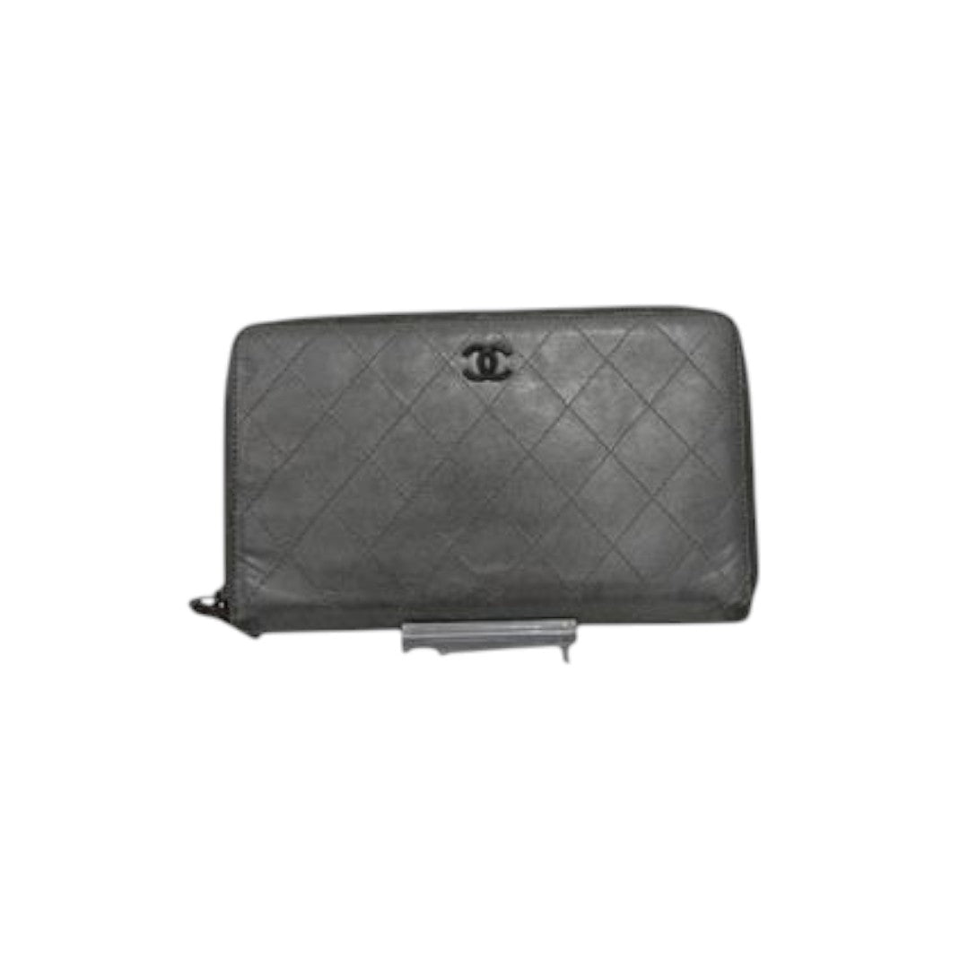 Chanel Quilted Lambskin CC Logo Accent Zip Around Wallet Silver