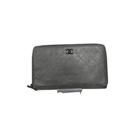 Chanel Quilted Lambskin CC Logo Accent Zip Around Wallet Silver