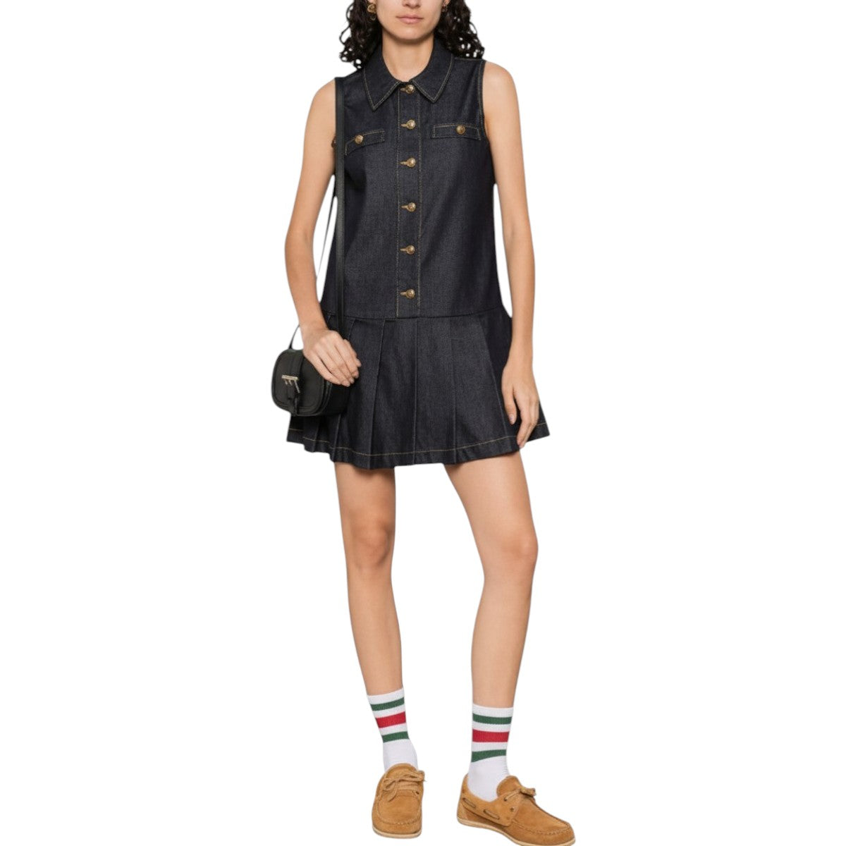 Sandro Cotton Denim Button Accent Pleated Mini Dress