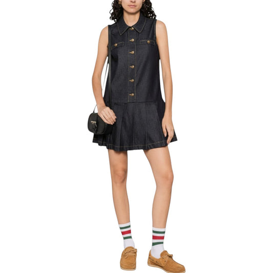 Sandro Cotton Denim Button Accent Pleated Mini Dress