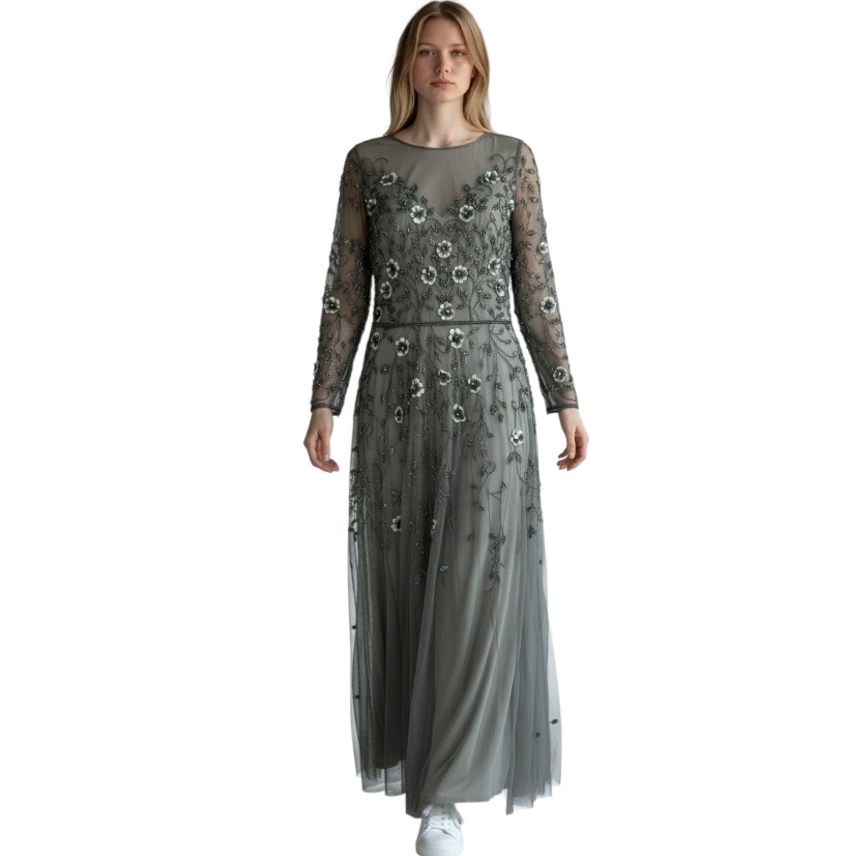 Theia Floral Applique Long Sleeve Maxi Dress