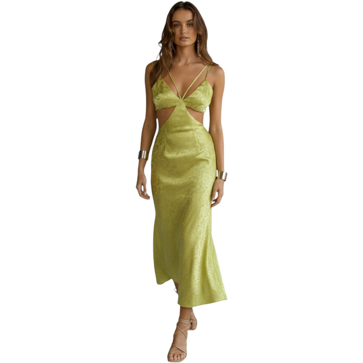 Runaway Dream Floral Embroidered V-Neck Midi Slip Dress Green Women's Size XS