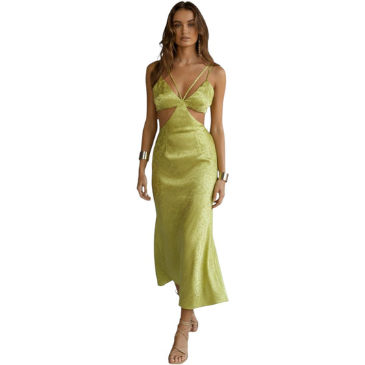 Runaway Dream Floral Embroidered V-Neck Midi Slip Dress Green Women's Size XS