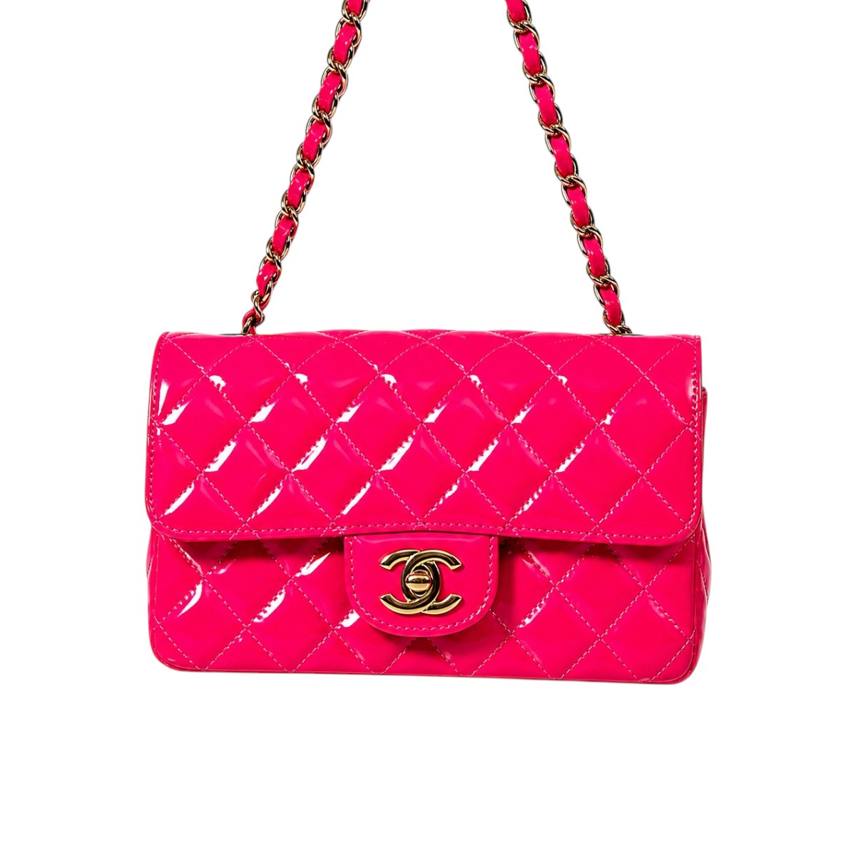 Chanel Patent Leather Quilted Interlocking CC Flap Mini Shoulder Bag Neon Pink