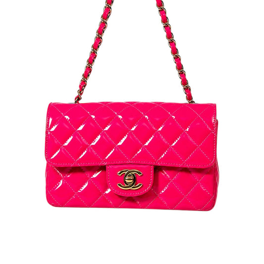 Chanel Patent Leather Quilted Interlocking CC Flap Mini Shoulder Bag Neon Pink
