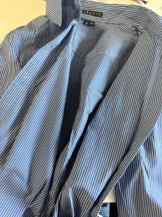 Theory blue striped button down blouse
