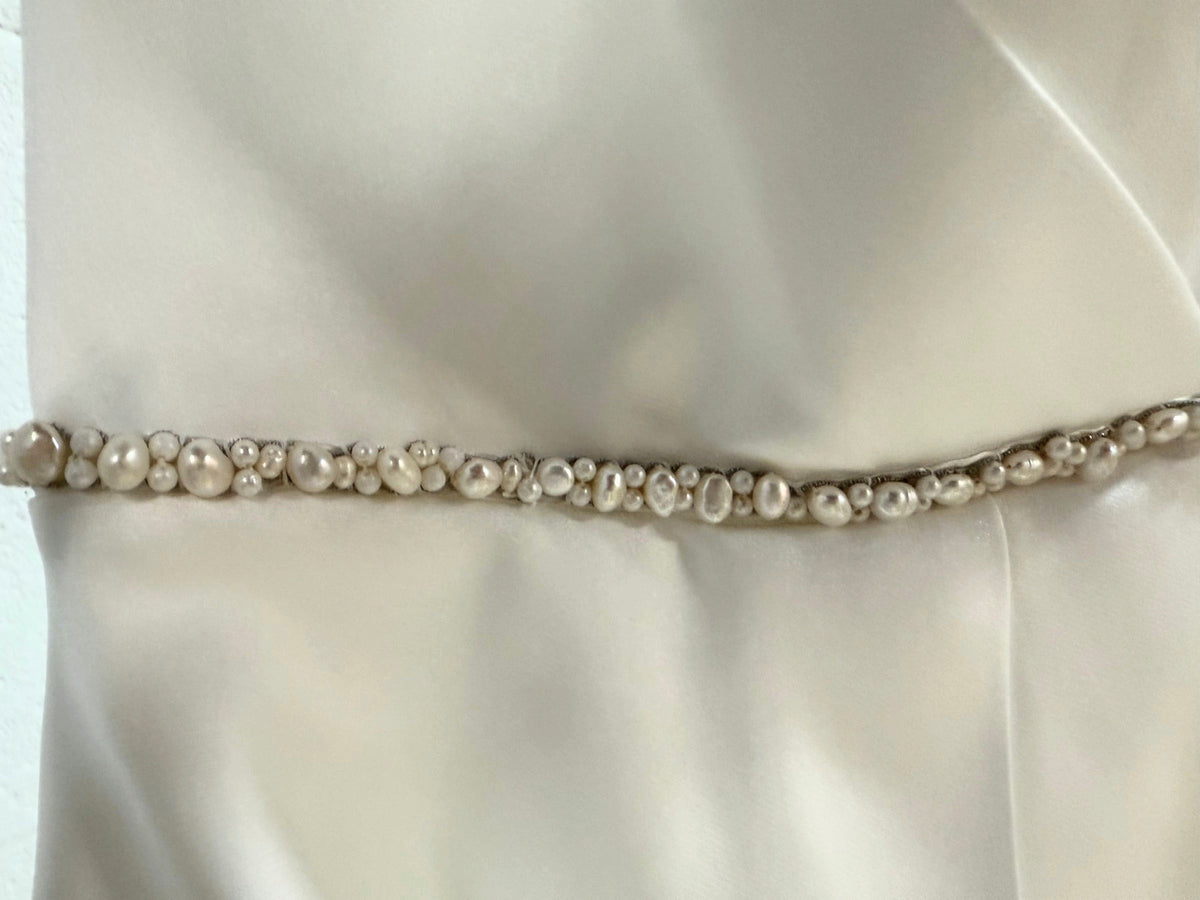 Suzanne Neville Pearl Accent Strapless Pleated Wedding Gown