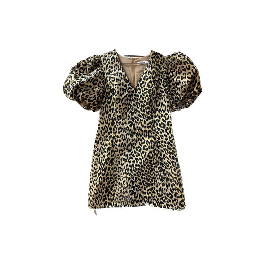 Ximma Cheetah Print Jacquard V-Neck Puff Sleeve Mini Dress Brown Multi Size L
