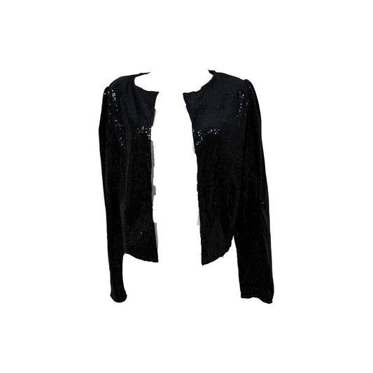 Fashion Women Casual Sequins Sparkling Cardigan Collarless Black Jacket Size M
