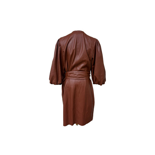 INC International Concept Faux Leather Puff Sleeve Wrap Dress Brown Size 10