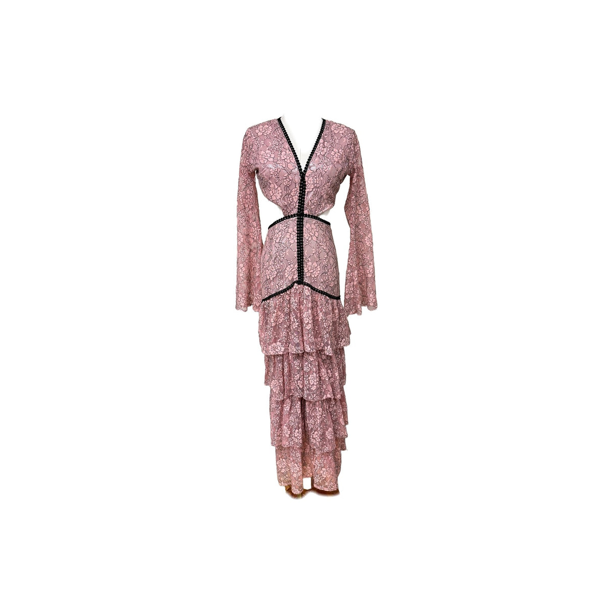 Genavieve The Label Backless Cutout Sheer Sleeves Ruffled Maxi Dress Pink Floral