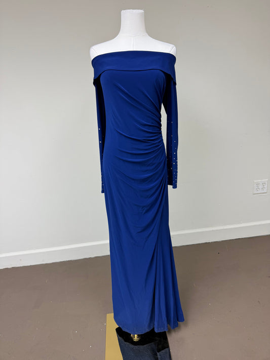 Vince Camuto Off-The-Shoulder Rhinestone Studded Ruched Maxi Gown Blue Size 12