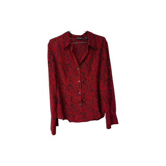 New York & Company Snakeskin Collared Long Sleeves Button Up Blouse Red Size M